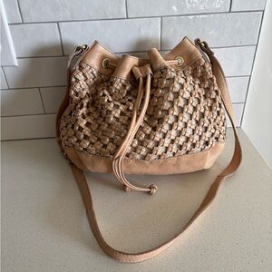 Marta Ponti Portugal Woven Leather Light Brown Nude Hobo Bucket Crossbody Bag